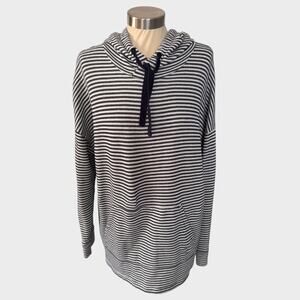 A New Day Womens XL Hooded Waffle Knit Navy Blue White Stripe Sweater